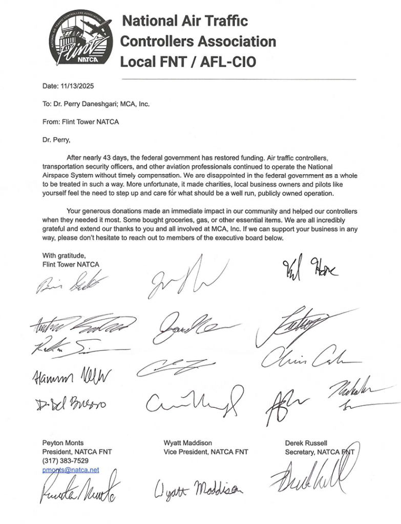 Thank You Letter from the NATCA Flint for the donation during the Government shutdown.